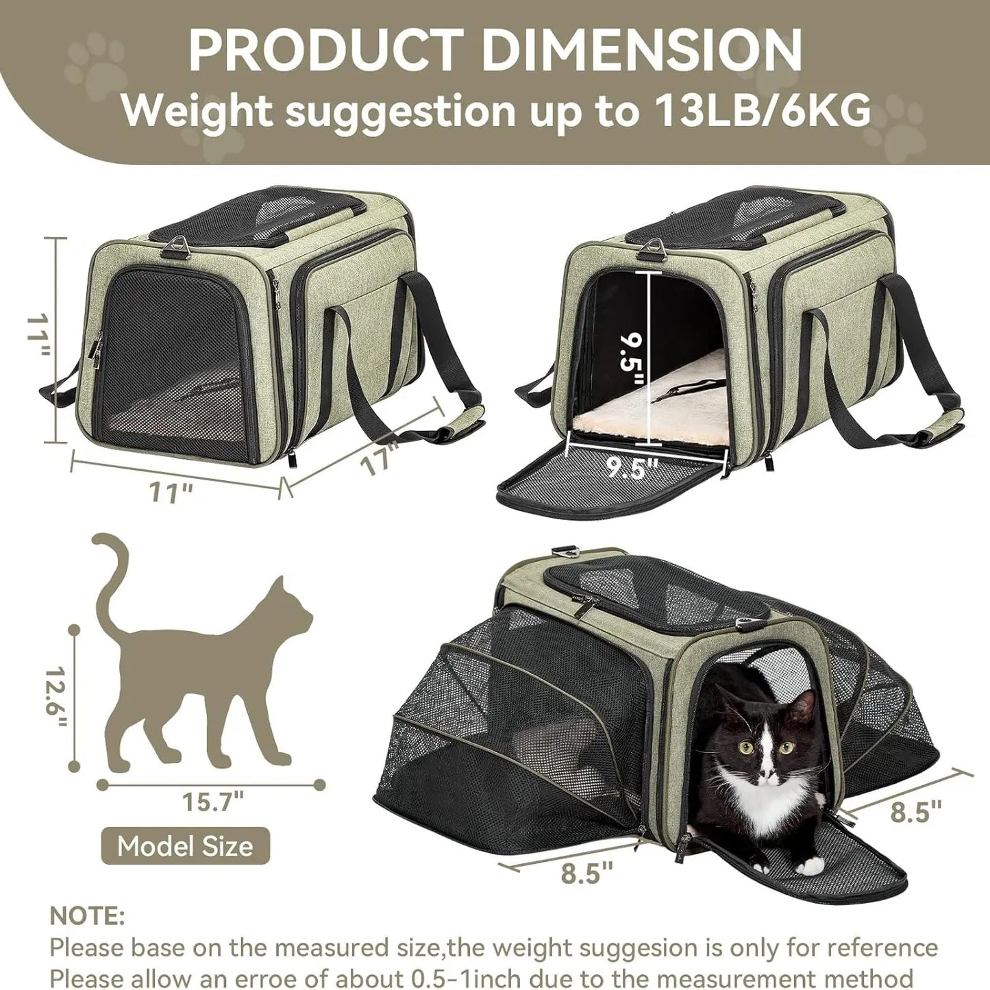 Petsfit Expandable Small Cat Carriers Dog Carrier, Airline Approved Soft-Sided Portable Washable Pet Travel Carrier with Two Extension up to 9LB
