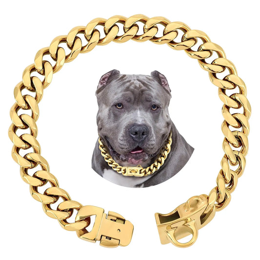 15MM Gold Stainless Steel Cuban Link Dog Collar, Heavy-Duty Chew-Proof Durable Training Collar for Dogs (20" Gold), Durability