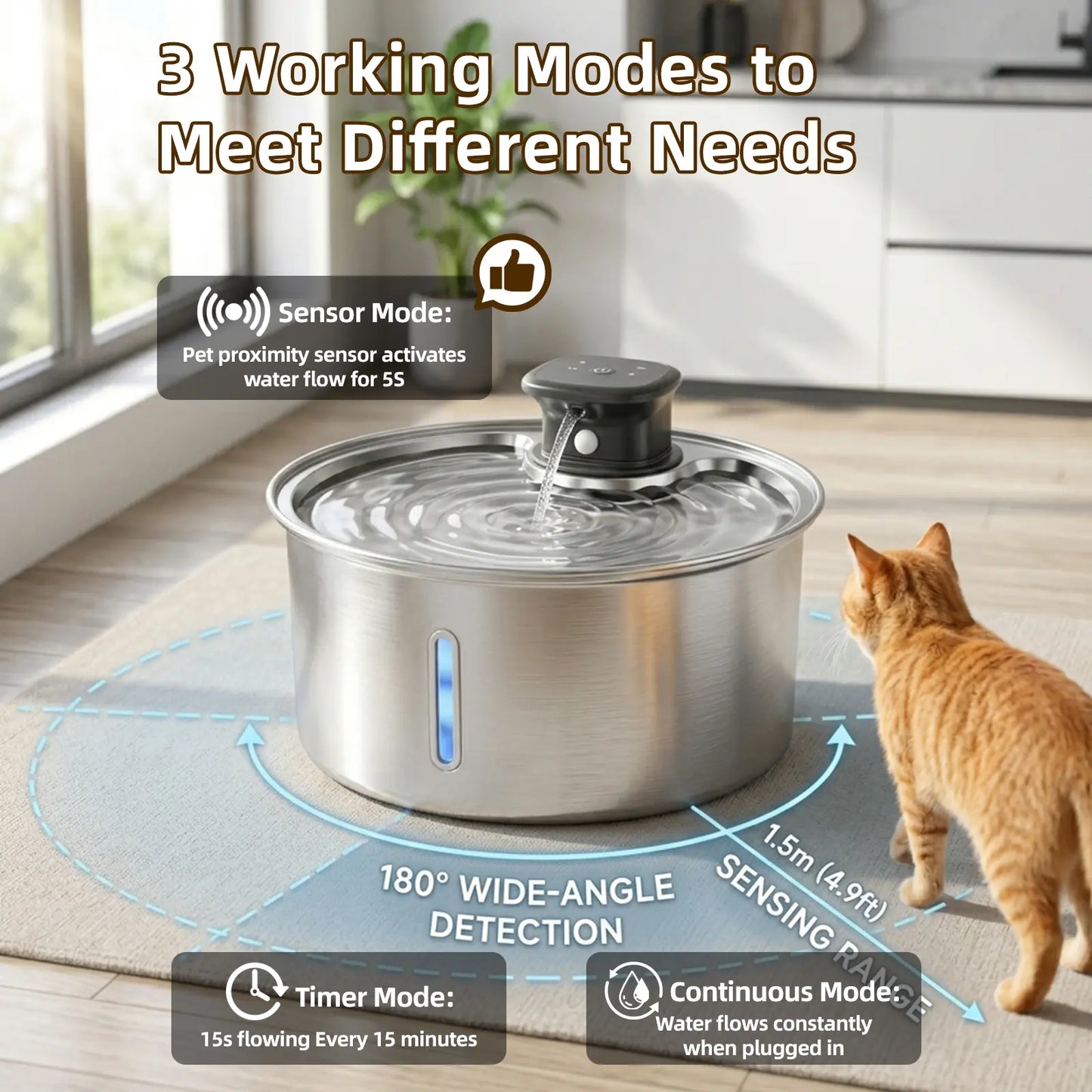 Stainless Steel Cat Water Fountain, 108Oz/3.2L Automatic Wireless Pet Water Dispenser with Sensor, Dog Fountain Water Bowl, Stainless Steel Dog Water Fountain, Pet Drinking Fountain, Ideal Gift for Cats and Dogs