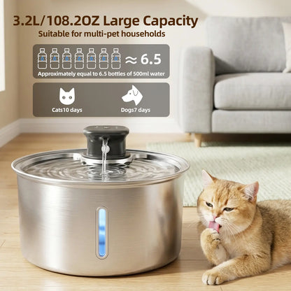 Stainless Steel Cat Water Fountain, 108Oz/3.2L Automatic Wireless Pet Water Dispenser with Sensor, Dog Fountain Water Bowl, Stainless Steel Dog Water Fountain, Pet Drinking Fountain, Ideal Gift for Cats and Dogs