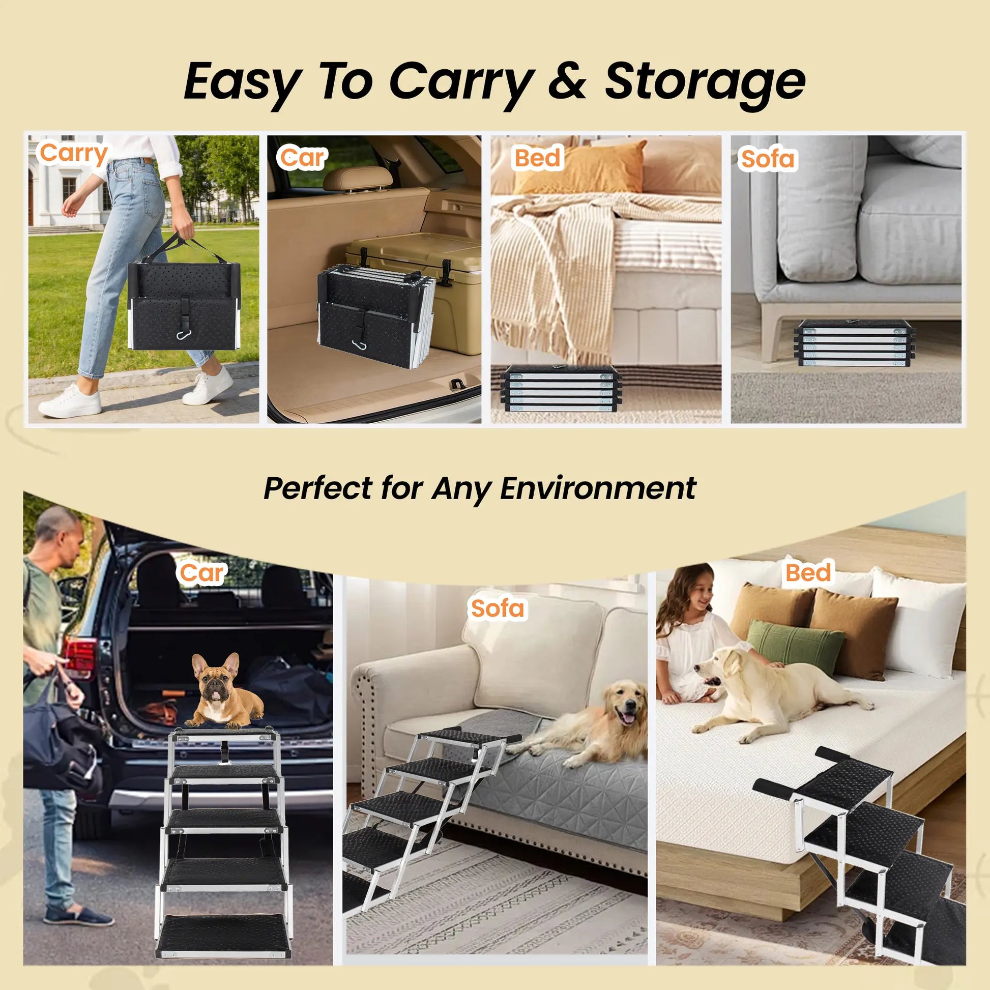 5-Step Heavy-Duty Aluminum Frame Foldable Dog Stairs - No Assembly, Foam Handle, Non-Slip Surface, Adjustable Length, Joint-Safe Design, Boost Stability, Supports up to 250 Lbs for Cars, High Beds