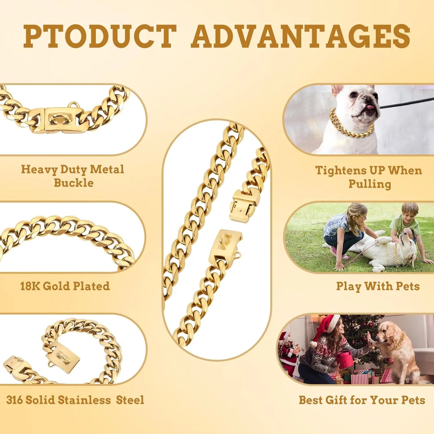 15MM Gold Stainless Steel Cuban Link Dog Collar, Heavy-Duty Chew-Proof Durable Training Collar for Dogs (20" Gold), Durability