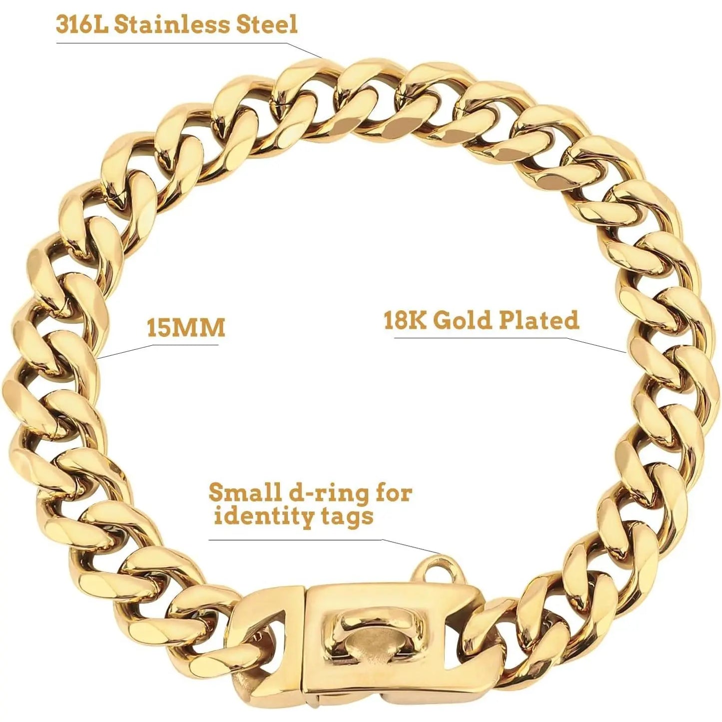 15MM Gold Stainless Steel Cuban Link Dog Collar, Heavy-Duty Chew-Proof Durable Training Collar for Dogs (20" Gold), Durability