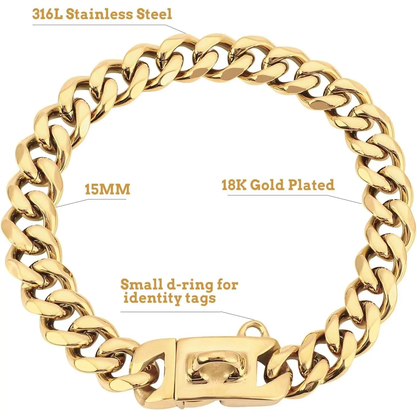 15MM Gold Stainless Steel Cuban Link Dog Collar, Heavy-Duty Chew-Proof Durable Training Collar for Dogs (20" Gold), Durability