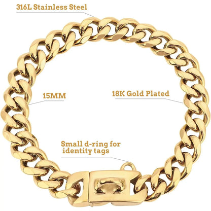 15MM Gold Stainless Steel Cuban Link Dog Collar, Heavy-Duty Chew-Proof Durable Training Collar for Dogs (20" Gold), Durability