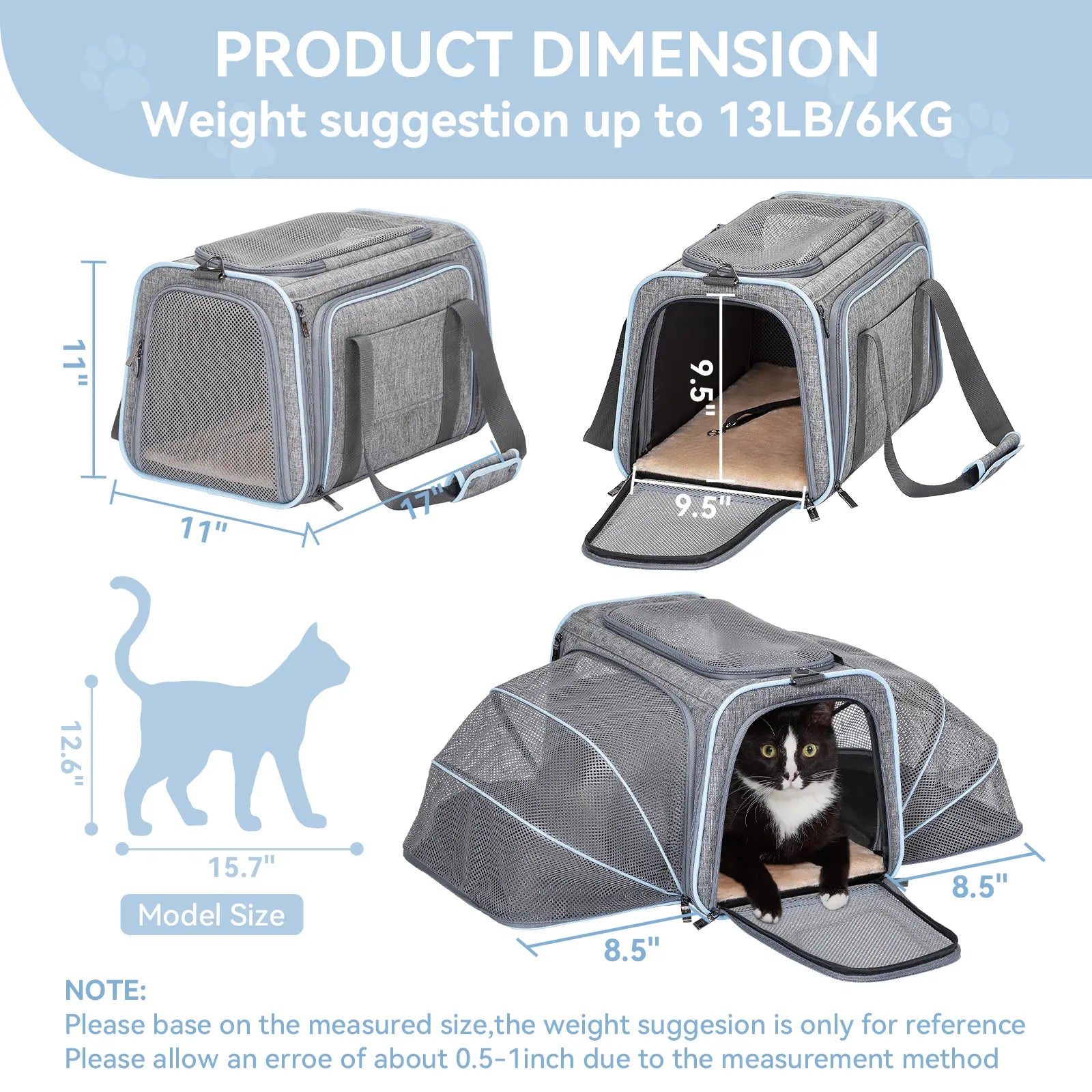 Petsfit Expandable Small Cat Carriers Dog Carrier, Airline Approved Soft-Sided Portable Washable Pet Travel Carrier with Two Extension up to 9LB