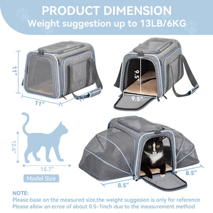 Petsfit Expandable Small Cat Carriers Dog Carrier, Airline Approved Soft-Sided Portable Washable Pet Travel Carrier with Two Extension up to 9LB