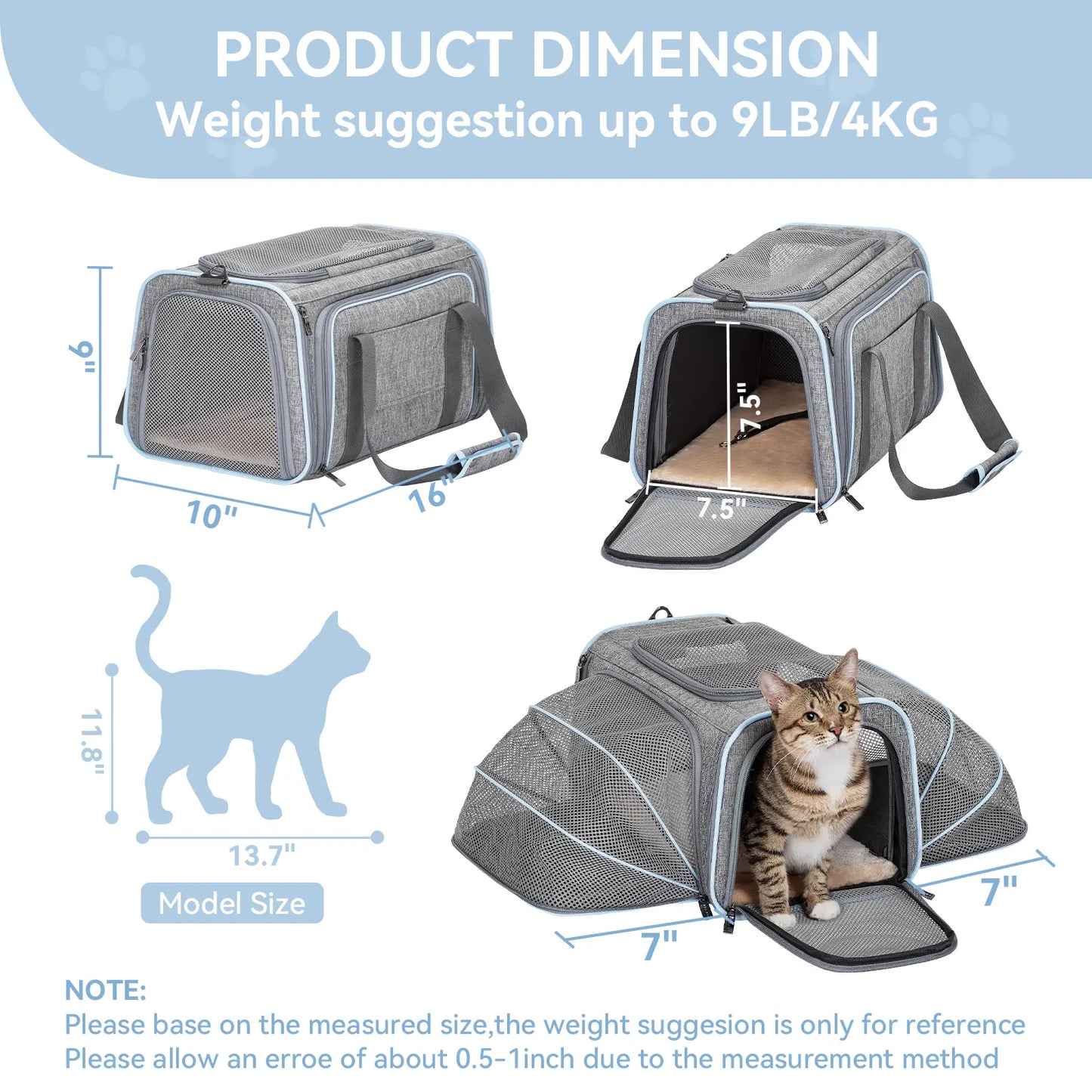 Petsfit Expandable Small Cat Carriers Dog Carrier, Airline Approved Soft-Sided Portable Washable Pet Travel Carrier with Two Extension up to 9LB