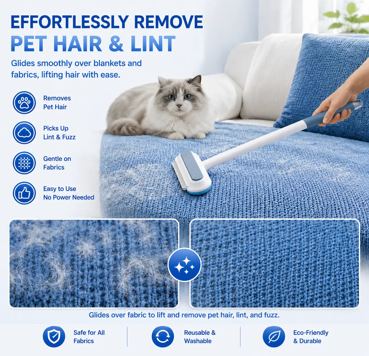 Upgraded Pet Hair Remover for Dog & Cat Hair, Reusable Lint Brush with Adjustable Long Handle, Portable Fur Remover Tool for Sofa Couch Furniture Carpet Bedding Clothes Car Seats, Washable Multi Surface Hair Removal Cleaner, 4 in 1 Design