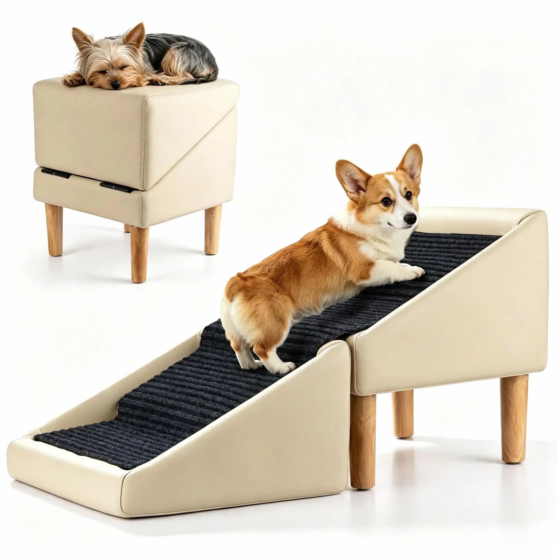 Dog Safety Ramp, Folding Wooden Pet Stairs, Steps and Footstool, Solid Wood Non-Slip and High-End Leather Pet Ramp, Split Footstool Design, Cool in Summer, Cool Material Suitable for Puppies, Senior Dogs and Injured Dogs Pet Steps. Poodle