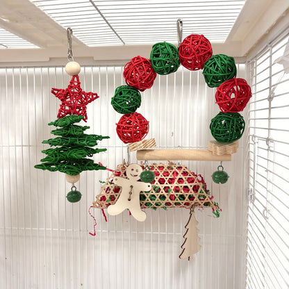 3Pcs Parrot Christmas Toy Set, Festive Parrot Vine Ball Swing Tree, Ideal for Small Parrots, Fun Bird Play, Cage Hanging Decor