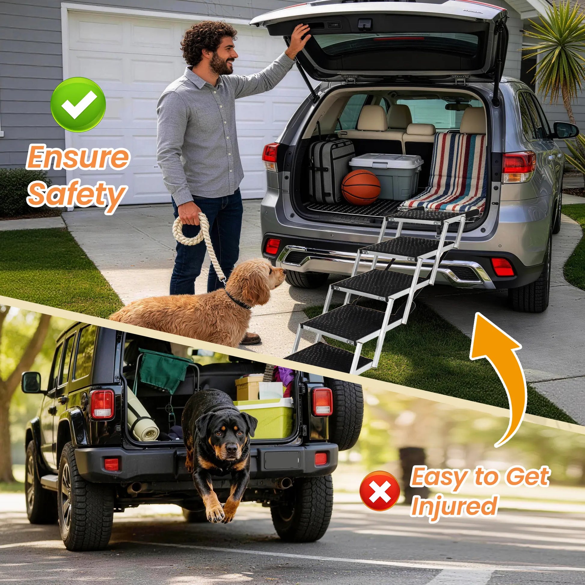 5-Step Heavy-Duty Aluminum Frame Foldable Dog Stairs - No Assembly, Foam Handle, Non-Slip Surface, Adjustable Length, Joint-Safe Design, Boost Stability, Supports up to 250 Lbs for Cars, High Beds