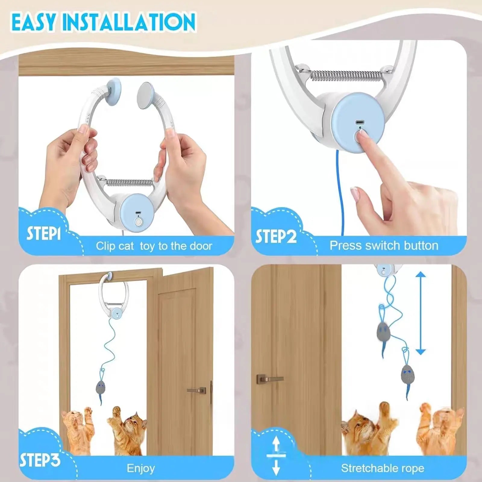 Rechargeable Electric Cat Teaser Toy - Remote Control, Clip on Door Frame, Automatic Interactive, Mice Shape, Universal Fit, Stylish Touch Kitty Toy for Cat Exercise & Fun (Blue)