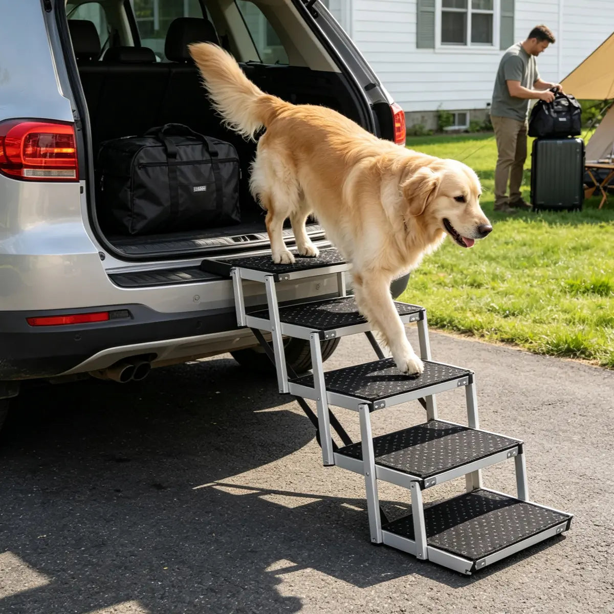 5-Step Heavy-Duty Aluminum Frame Foldable Dog Stairs - No Assembly, Foam Handle, Non-Slip Surface, Adjustable Length, Joint-Safe Design, Boost Stability, Supports up to 250 Lbs for Cars, High Beds
