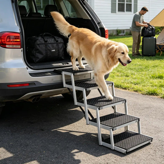 5-Step Heavy-Duty Aluminum Frame Foldable Dog Stairs - No Assembly, Foam Handle, Non-Slip Surface, Adjustable Length, Joint-Safe Design, Boost Stability, Supports up to 250 Lbs for Cars, High Beds