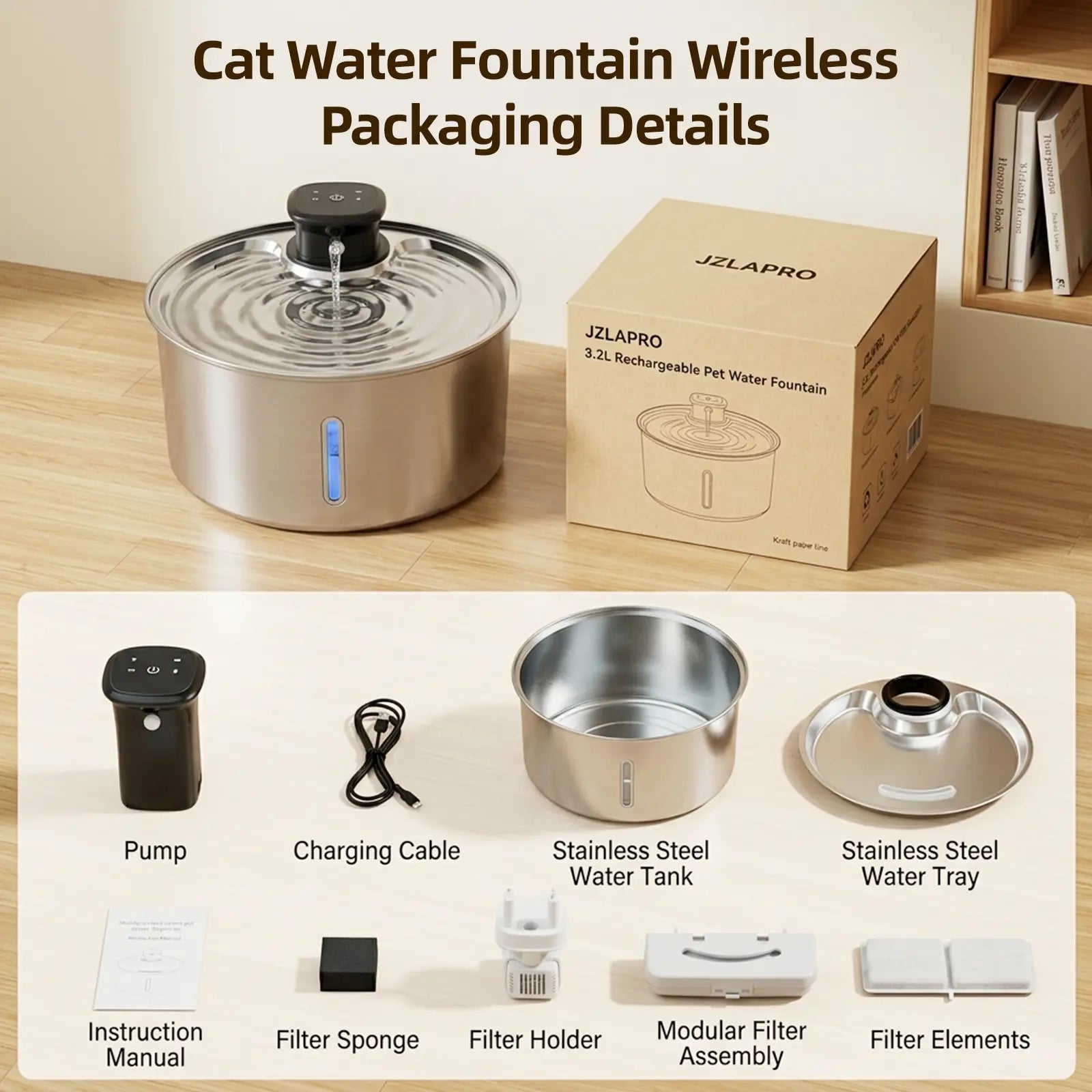 Stainless Steel Cat Water Fountain, 108Oz/3.2L Automatic Wireless Pet Water Dispenser with Sensor, Dog Fountain Water Bowl, Stainless Steel Dog Water Fountain, Pet Drinking Fountain, Ideal Gift for Cats and Dogs