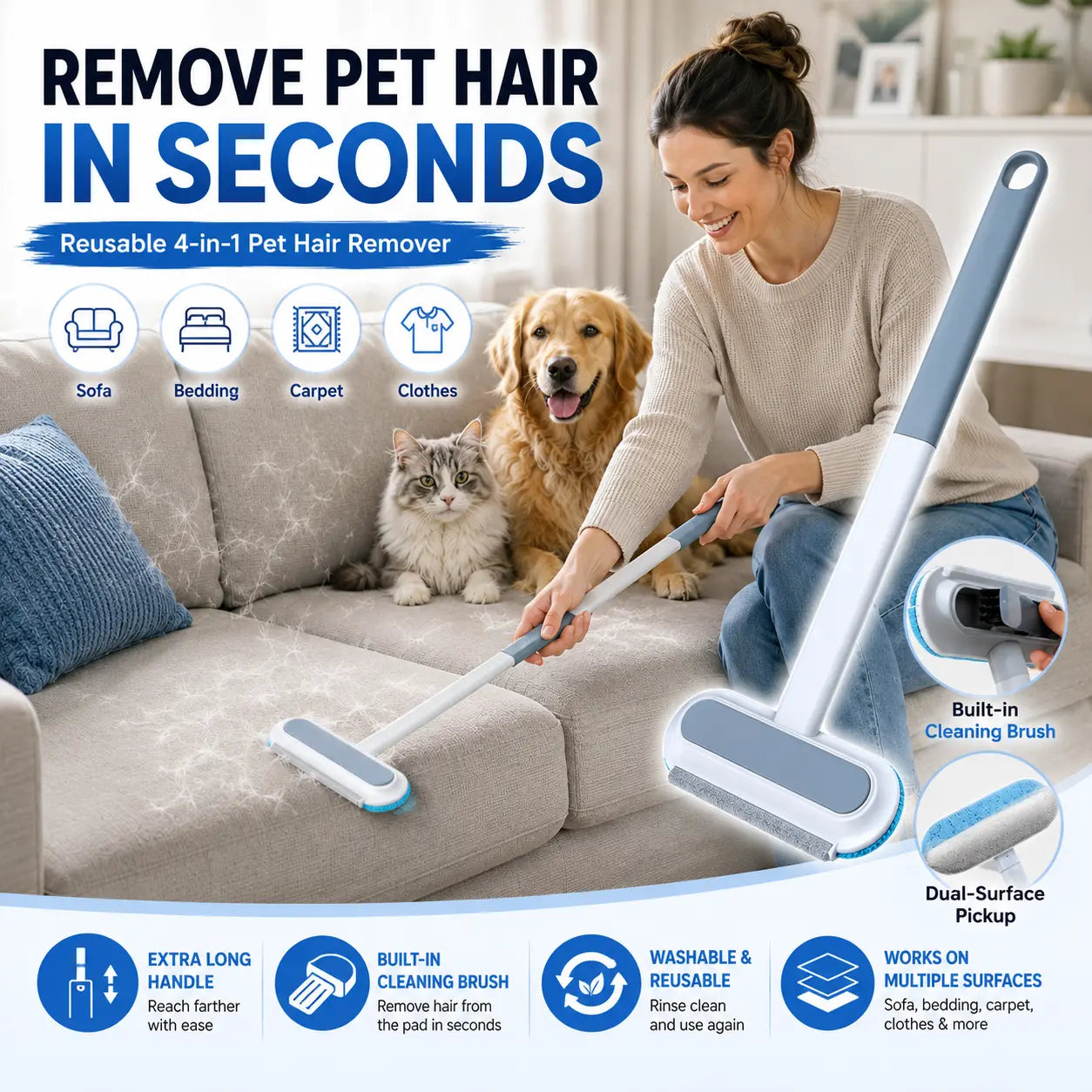 Upgraded Pet Hair Remover for Dog & Cat Hair, Reusable Lint Brush with Adjustable Long Handle, Portable Fur Remover Tool for Sofa Couch Furniture Carpet Bedding Clothes Car Seats, Washable Multi Surface Hair Removal Cleaner, 4 in 1 Design