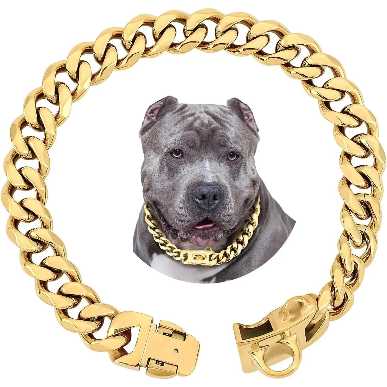 15MM Gold Stainless Steel Cuban Link Dog Collar, Heavy-Duty Chew-Proof Durable Training Collar for Dogs (20" Gold), Durability