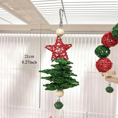 3Pcs Parrot Christmas Toy Set, Festive Parrot Vine Ball Swing Tree, Ideal for Small Parrots, Fun Bird Play, Cage Hanging Decor