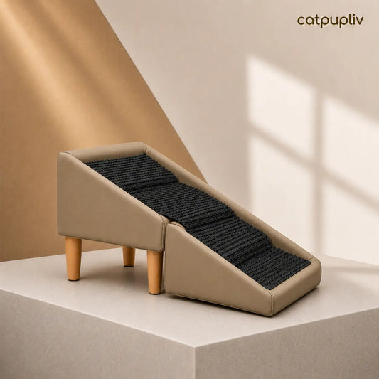Dog Safety Ramp, Folding Wooden Pet Stairs, Steps and Footstool, Solid Wood Non-Slip and High-End Leather Pet Ramp, Split Footstool Design, Cool in Summer, Cool Material Suitable for Puppies, Senior Dogs and Injured Dogs Pet Steps. Poodle