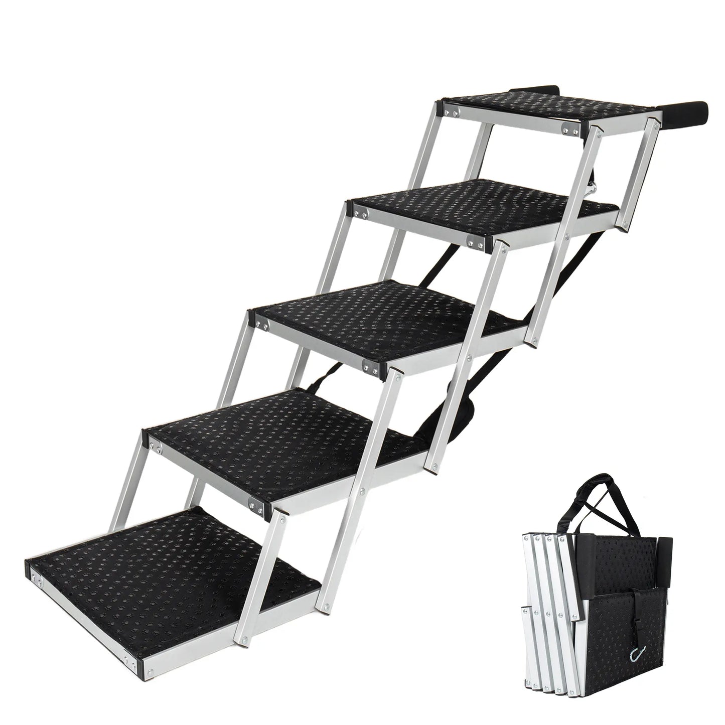 5-Step Heavy-Duty Aluminum Frame Foldable Dog Stairs - No Assembly, Foam Handle, Non-Slip Surface, Adjustable Length, Joint-Safe Design, Boost Stability, Supports up to 250 Lbs for Cars, High Beds