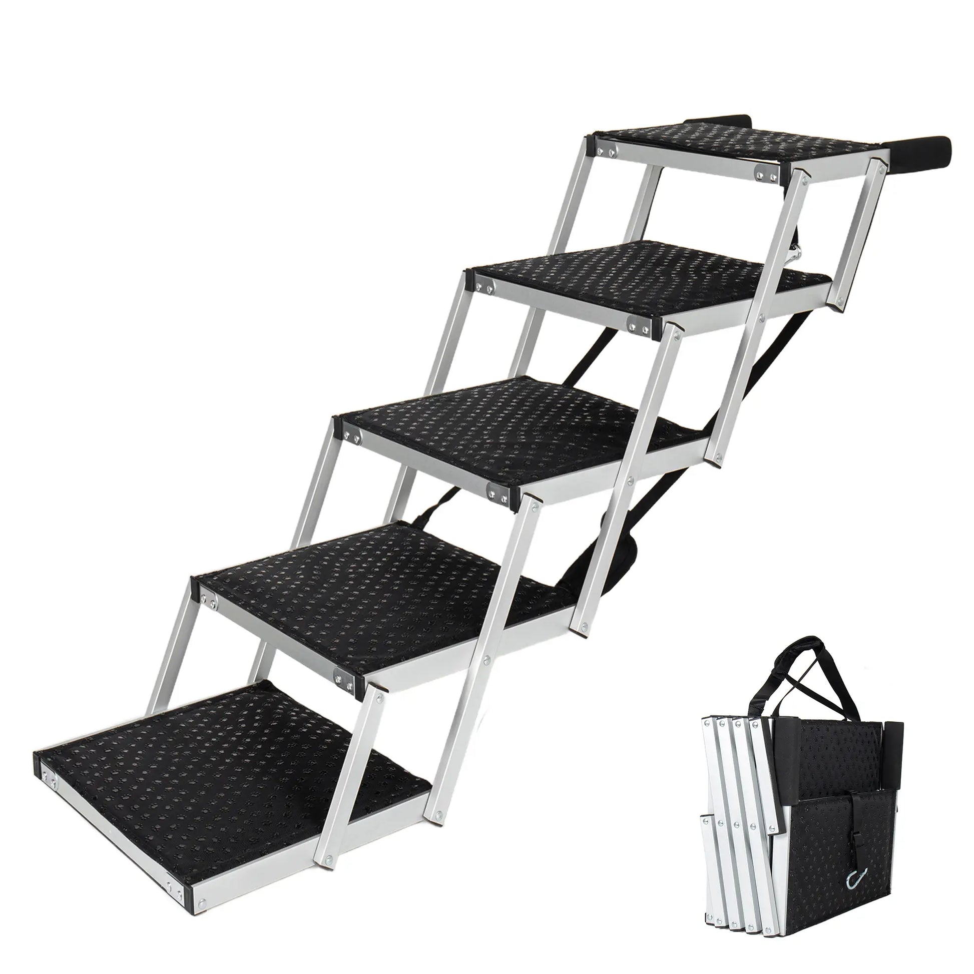 5-Step Heavy-Duty Aluminum Frame Foldable Dog Stairs - No Assembly, Foam Handle, Non-Slip Surface, Adjustable Length, Joint-Safe Design, Boost Stability, Supports up to 250 Lbs for Cars, High Beds