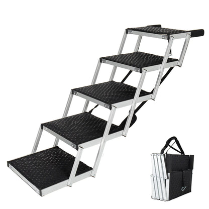 5-Step Heavy-Duty Aluminum Frame Foldable Dog Stairs - No Assembly, Foam Handle, Non-Slip Surface, Adjustable Length, Joint-Safe Design, Boost Stability, Supports up to 250 Lbs for Cars, High Beds