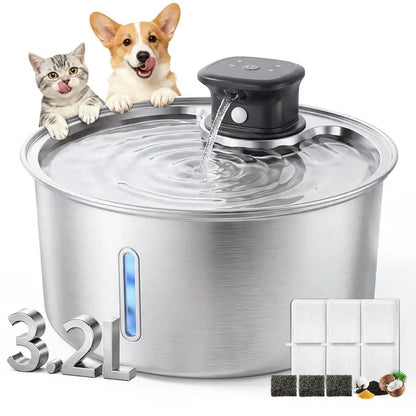 Stainless Steel Cat Water Fountain, 108Oz/3.2L Automatic Wireless Pet Water Dispenser with Sensor, Dog Fountain Water Bowl, Stainless Steel Dog Water Fountain, Pet Drinking Fountain, Ideal Gift for Cats and Dogs