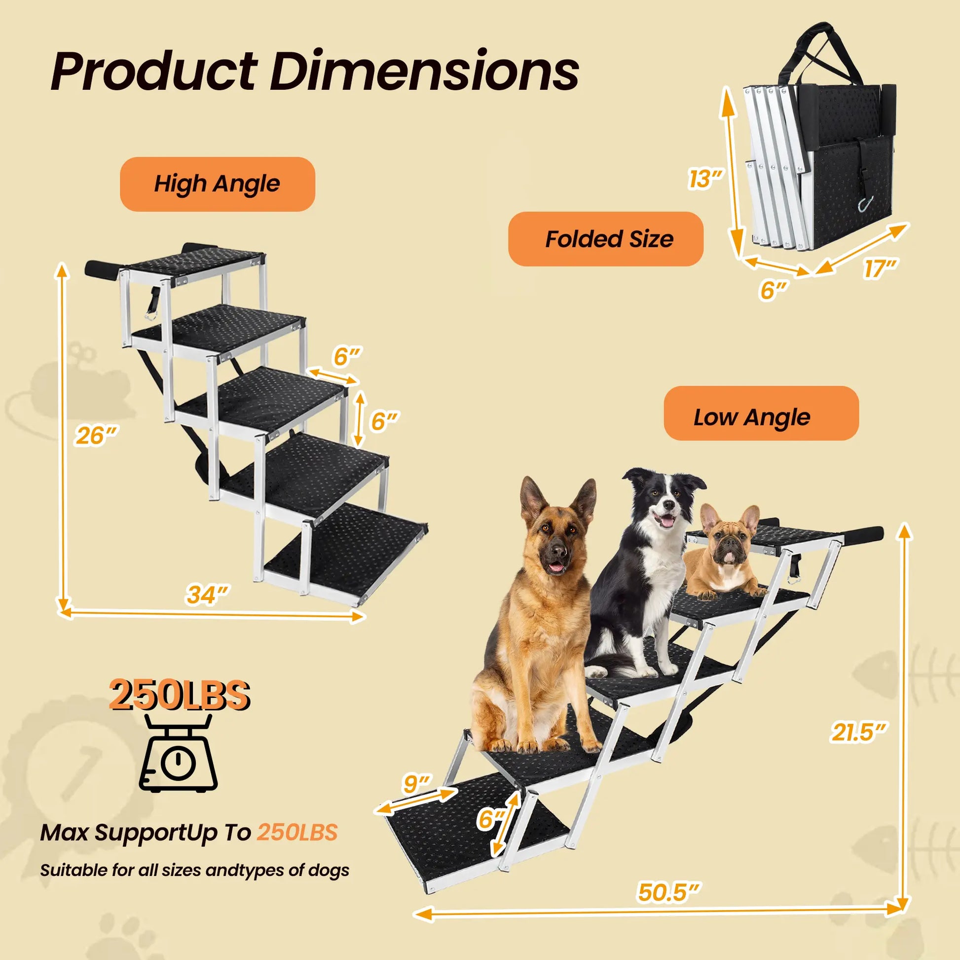 5-Step Heavy-Duty Aluminum Frame Foldable Dog Stairs - No Assembly, Foam Handle, Non-Slip Surface, Adjustable Length, Joint-Safe Design, Boost Stability, Supports up to 250 Lbs for Cars, High Beds