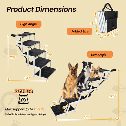 5-Step Heavy-Duty Aluminum Frame Foldable Dog Stairs - No Assembly, Foam Handle, Non-Slip Surface, Adjustable Length, Joint-Safe Design, Boost Stability, Supports up to 250 Lbs for Cars, High Beds
