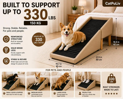 Dog Safety Ramp, Folding Wooden Pet Stairs, Steps and Footstool, Solid Wood Non-Slip and High-End Leather Pet Ramp, Split Footstool Design, Cool in Summer, Cool Material Suitable for Puppies, Senior Dogs and Injured Dogs Pet Steps. Poodle