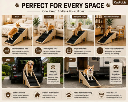 Dog Safety Ramp, Folding Wooden Pet Stairs, Steps and Footstool, Solid Wood Non-Slip and High-End Leather Pet Ramp, Split Footstool Design, Cool in Summer, Cool Material Suitable for Puppies, Senior Dogs and Injured Dogs Pet Steps. Poodle