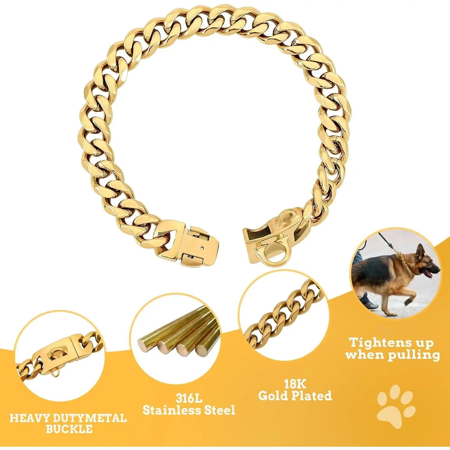 15MM Gold Stainless Steel Cuban Link Dog Collar, Heavy-Duty Chew-Proof Durable Training Collar for Dogs (20" Gold), Durability