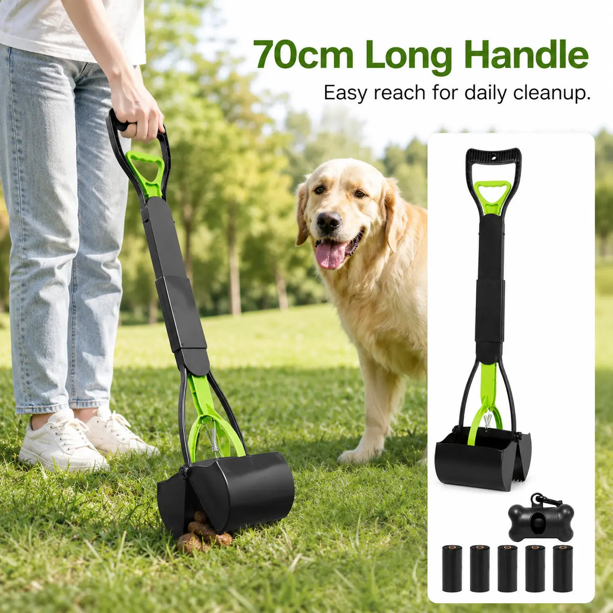Manual Plastic Dog Waste Scooper - Heavy-Duty Long Handle, Tall Profile, Portable Bag Box-Equipped Outdoor Pet Cleanup Tool, Single Item for Dogs